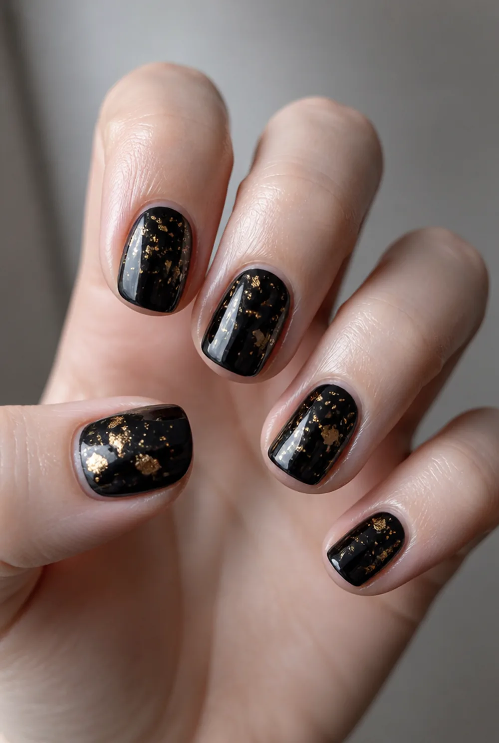 gold-fleck black nail art on fair skin, short length