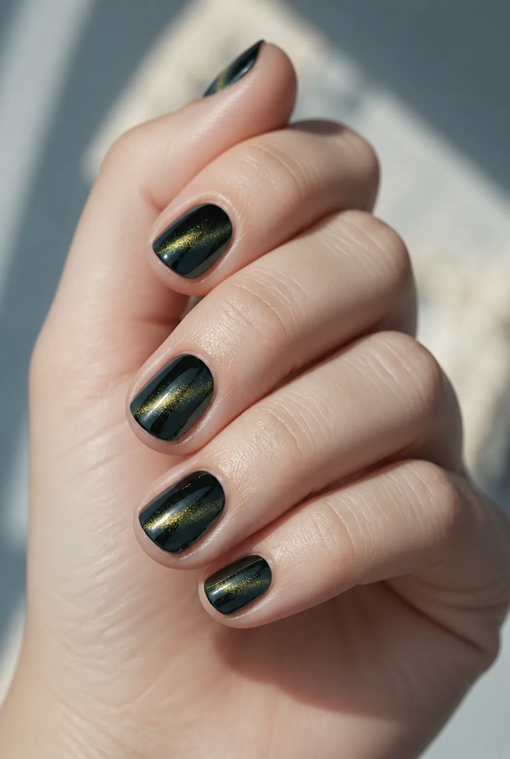 emerald velvet nail art on fair skin short length - PolishedAndPrettyNails.com emerald velvet nail art on fair skin, short length