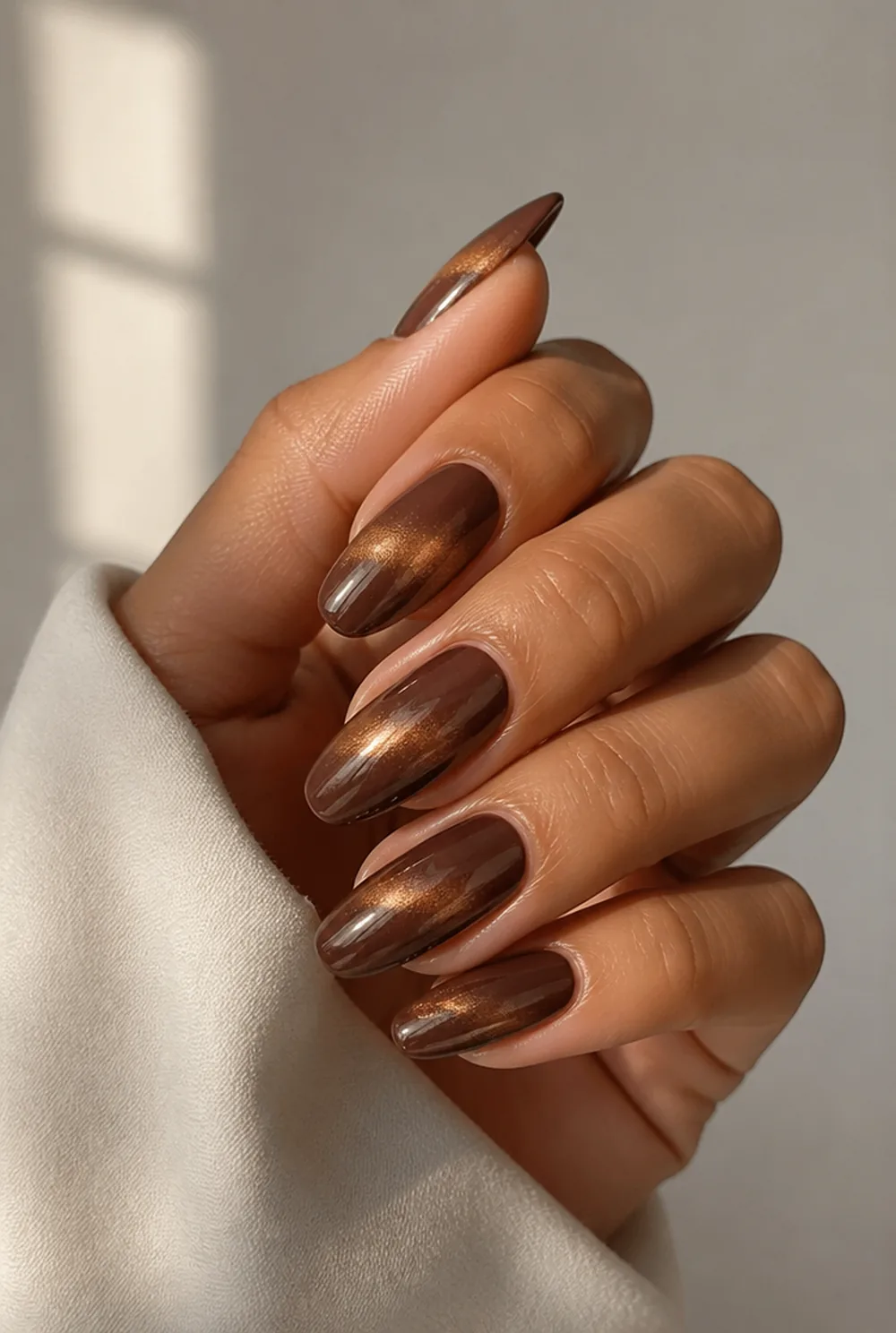 chocolate shimmer nail art on olive skin long length - PolishedAndPrettyNails.com chocolate shimmer nail art on olive skin, long length