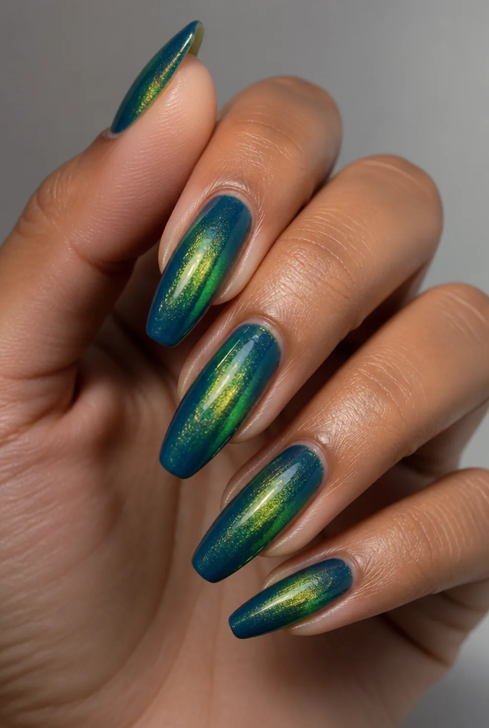peacock teal nail art on olive skin long length - PolishedAndPrettyNails.com peacock teal nail art on olive skin, long length