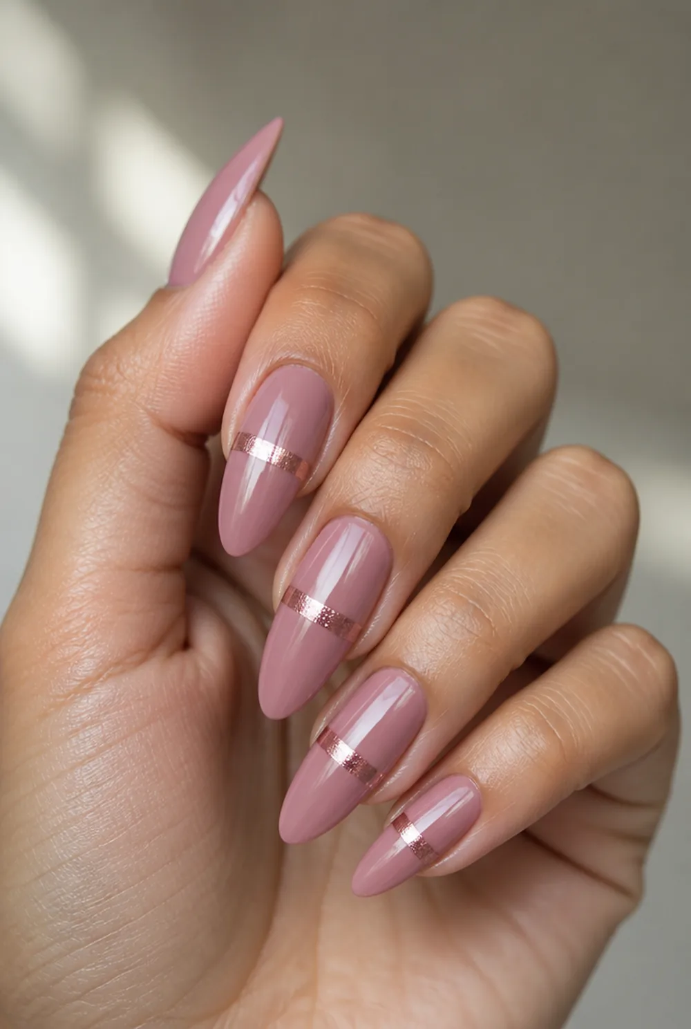 rose gold band nail art on olive skin long length - PolishedAndPrettyNails.com rose gold band nail art on olive skin, long length