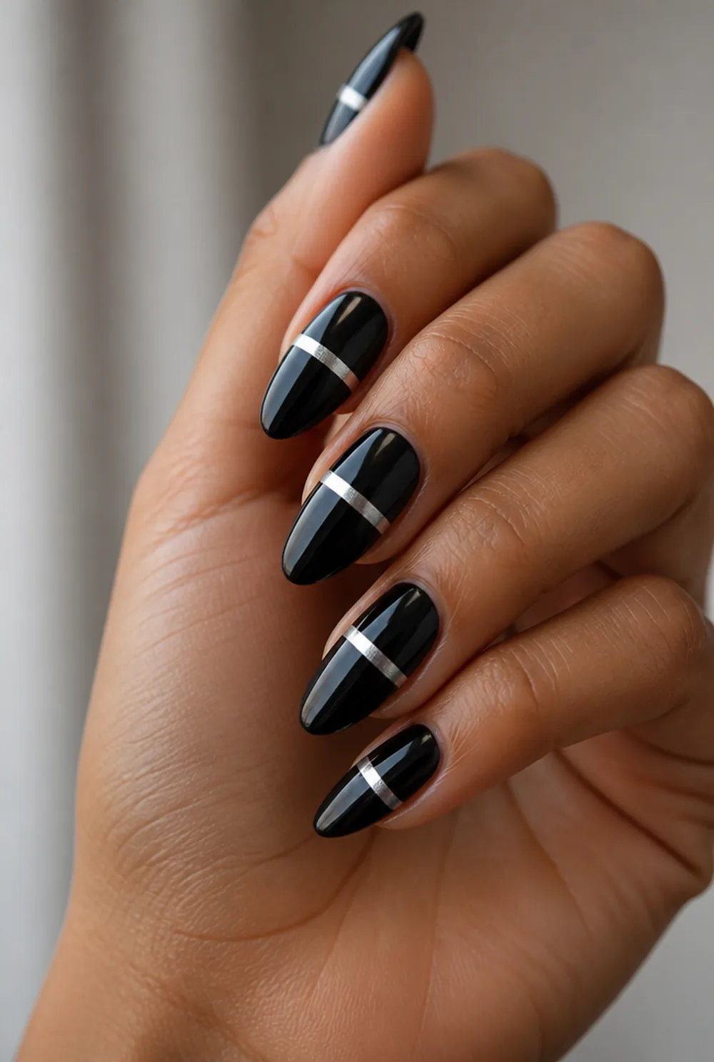 silver-streak black nail art on olive skin long length - PolishedAndPrettyNails.com silver-streak black nail art on olive skin, long length