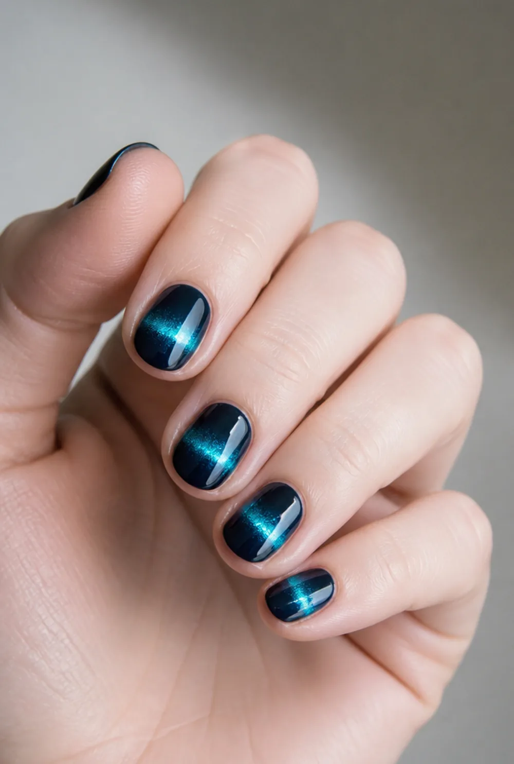 deep ocean blue nail art on fair skin short length - PolishedAndPrettyNails.com deep ocean blue nail art on fair skin, short length