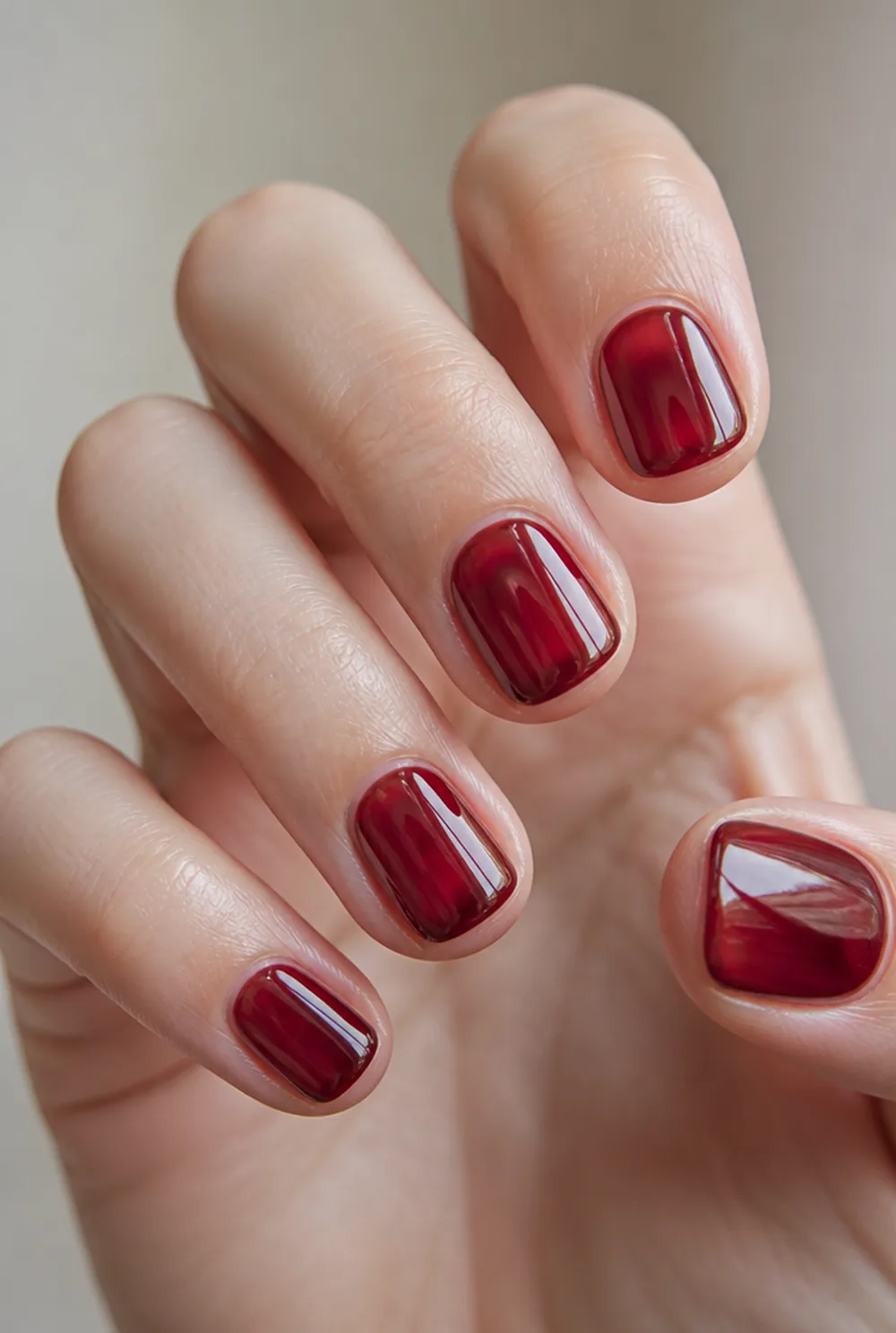 cranberry glass nail art on fair skin short length - PolishedAndPrettyNails.com cranberry glass nail art on fair skin, short length