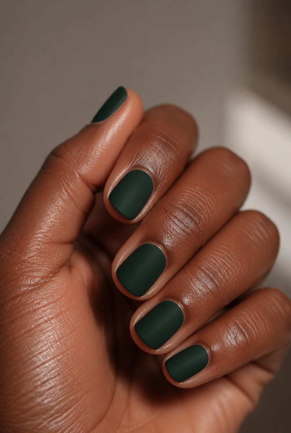 matte forest green nail art on deep brown skin - PolishedAndPrettyNails.com matte forest green nail art on deep brown skin