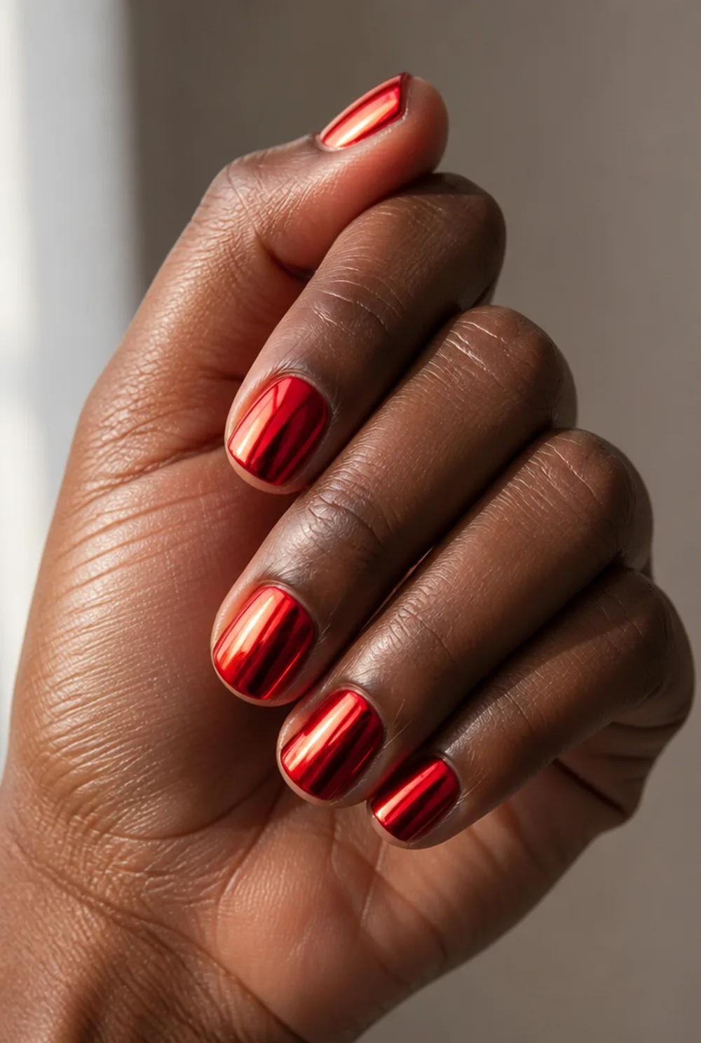 red chrome nail art on deep brown skin - PolishedAndPrettyNails.com red chrome nail art on deep brown skin
