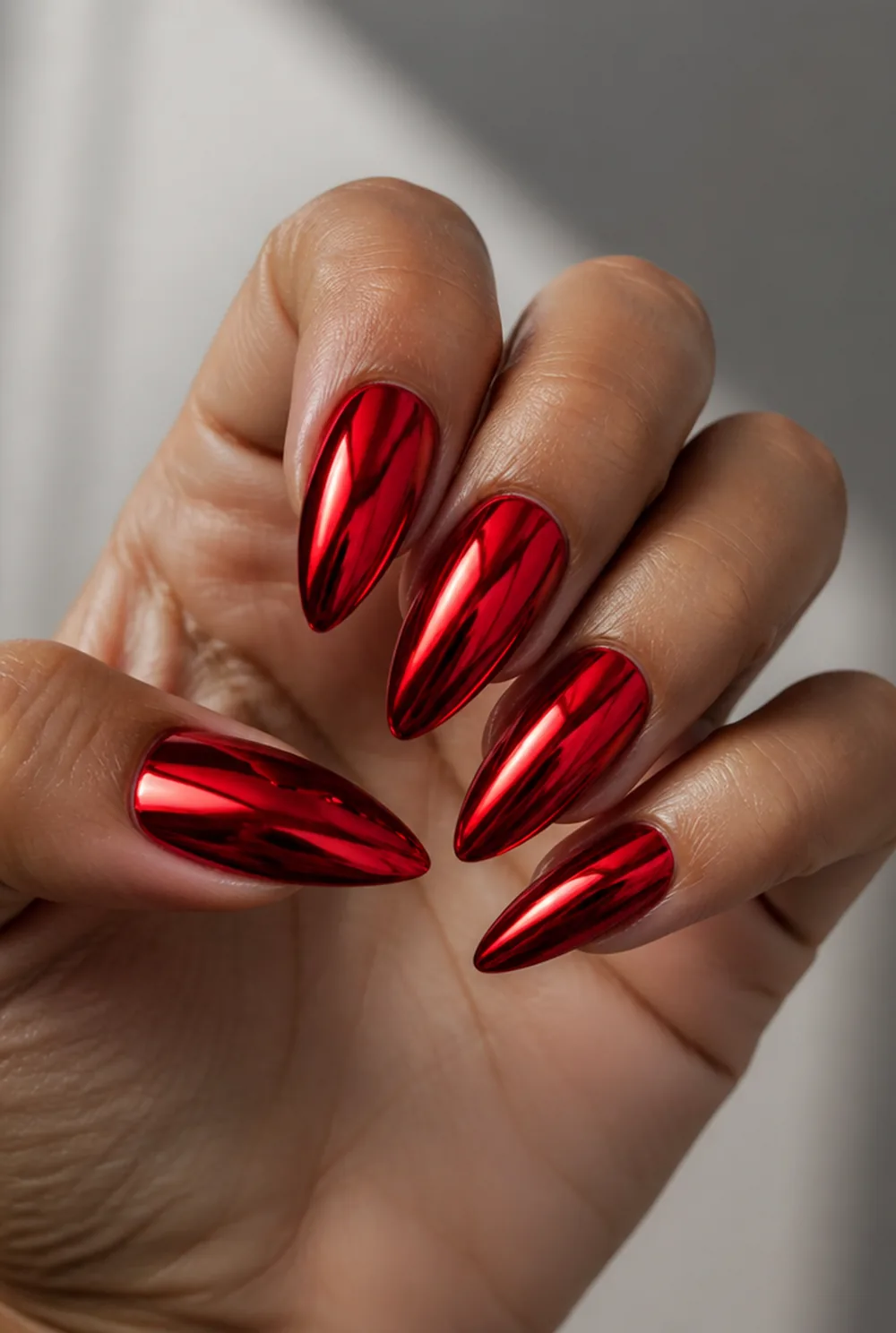 red chrome nail art on olive skin long length - PolishedAndPrettyNails.com red chrome nail art on olive skin, long length