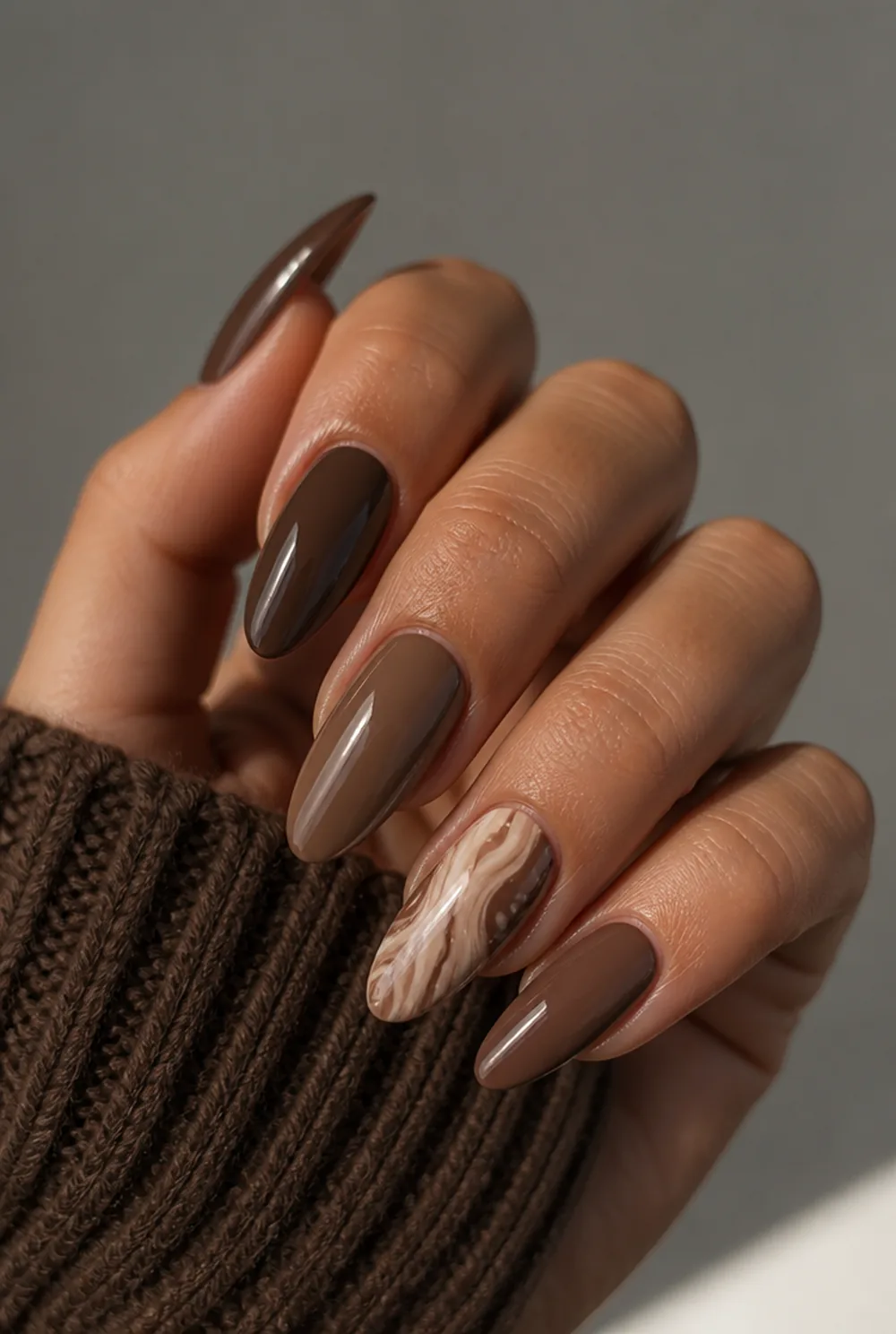 hot cocoa browns nail art on olive skin long length - PolishedAndPrettyNails.com hot cocoa browns nail art on olive skin, long length
