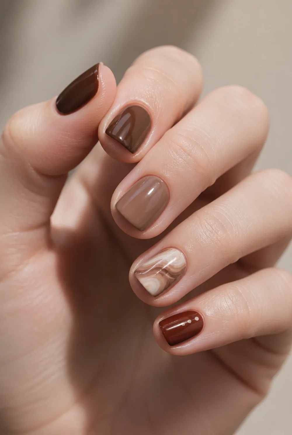 hot cocoa browns nail art on fair skin short length - PolishedAndPrettyNails.com hot cocoa browns nail art on fair skin, short length