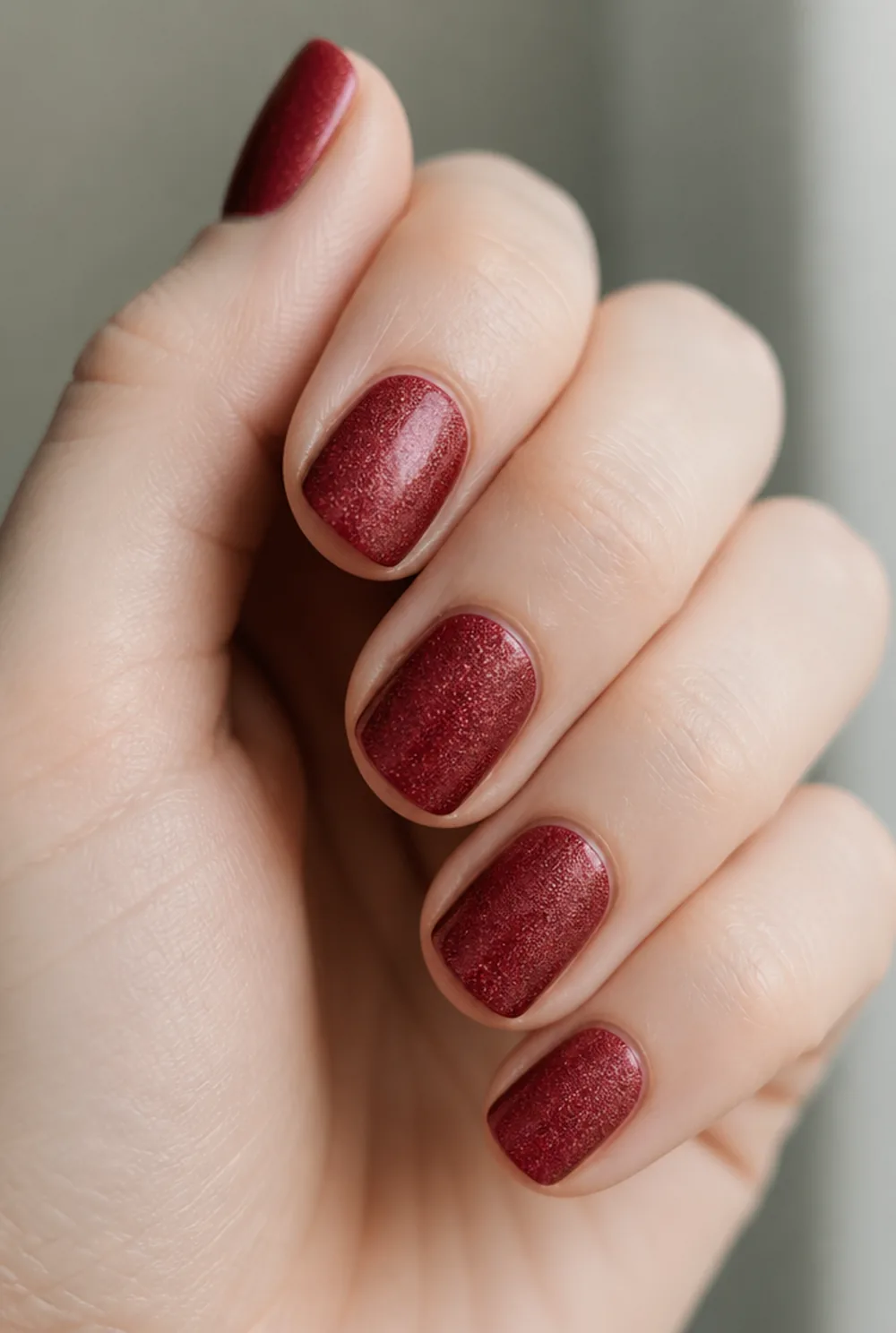 sugared cranberry shimmer nail art on fair skin short length - PolishedAndPrettyNails.com sugared cranberry shimmer nail art on fair skin, short length