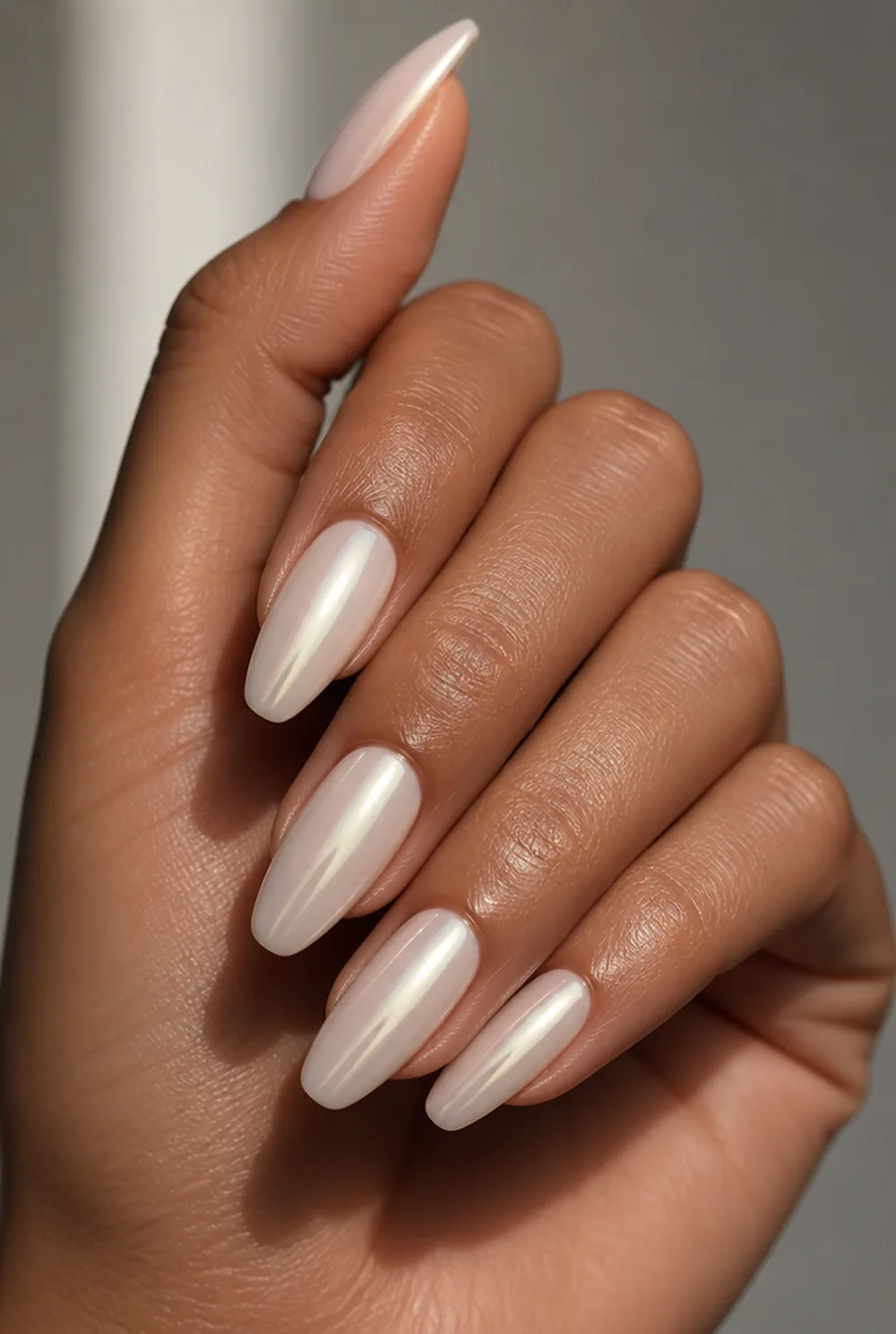 pearl white glaze nail art on olive skin long length - PolishedAndPrettyNails.com pearl white glaze nail art on olive skin, long length