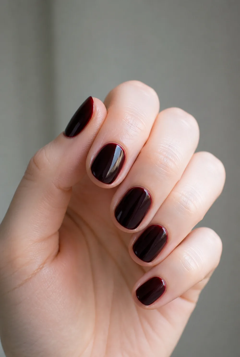 almost-black cherry nail art on fair skin short length - PolishedAndPrettyNails.com almost-black cherry nail art on fair skin, short length