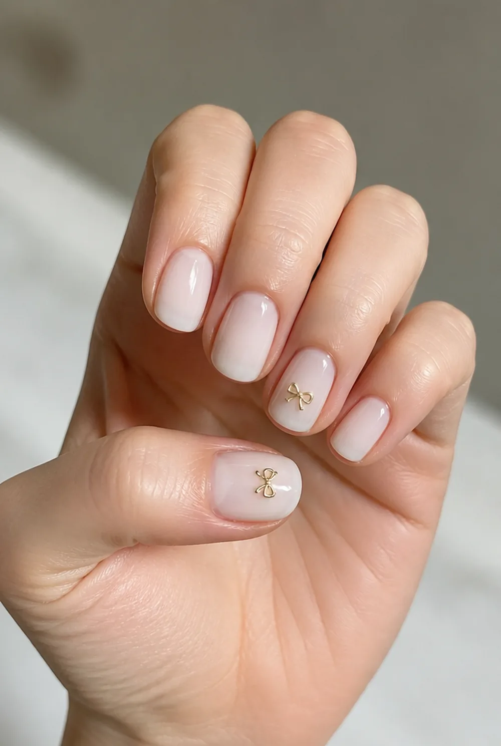 gold bow accents nail art on fair skin short length - PolishedAndPrettyNails.com gold bow accents nail art on fair skin, short length