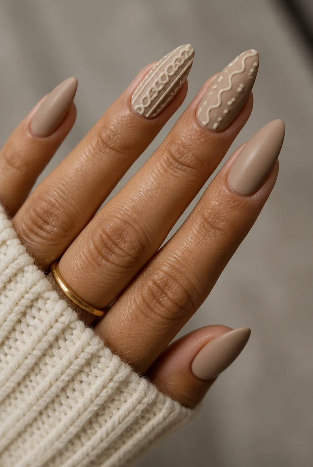 sweater-knit white nail art on olive skin long length - PolishedAndPrettyNails.com sweater-knit white nail art on olive skin, long length