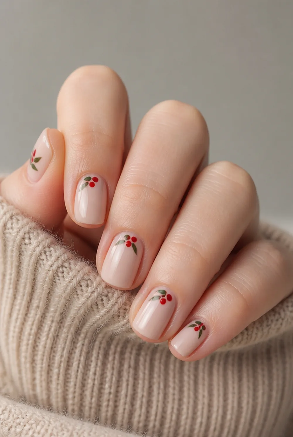 holly berry clusters nail art on fair skin short length - PolishedAndPrettyNails.com holly berry clusters nail art on fair skin, short length