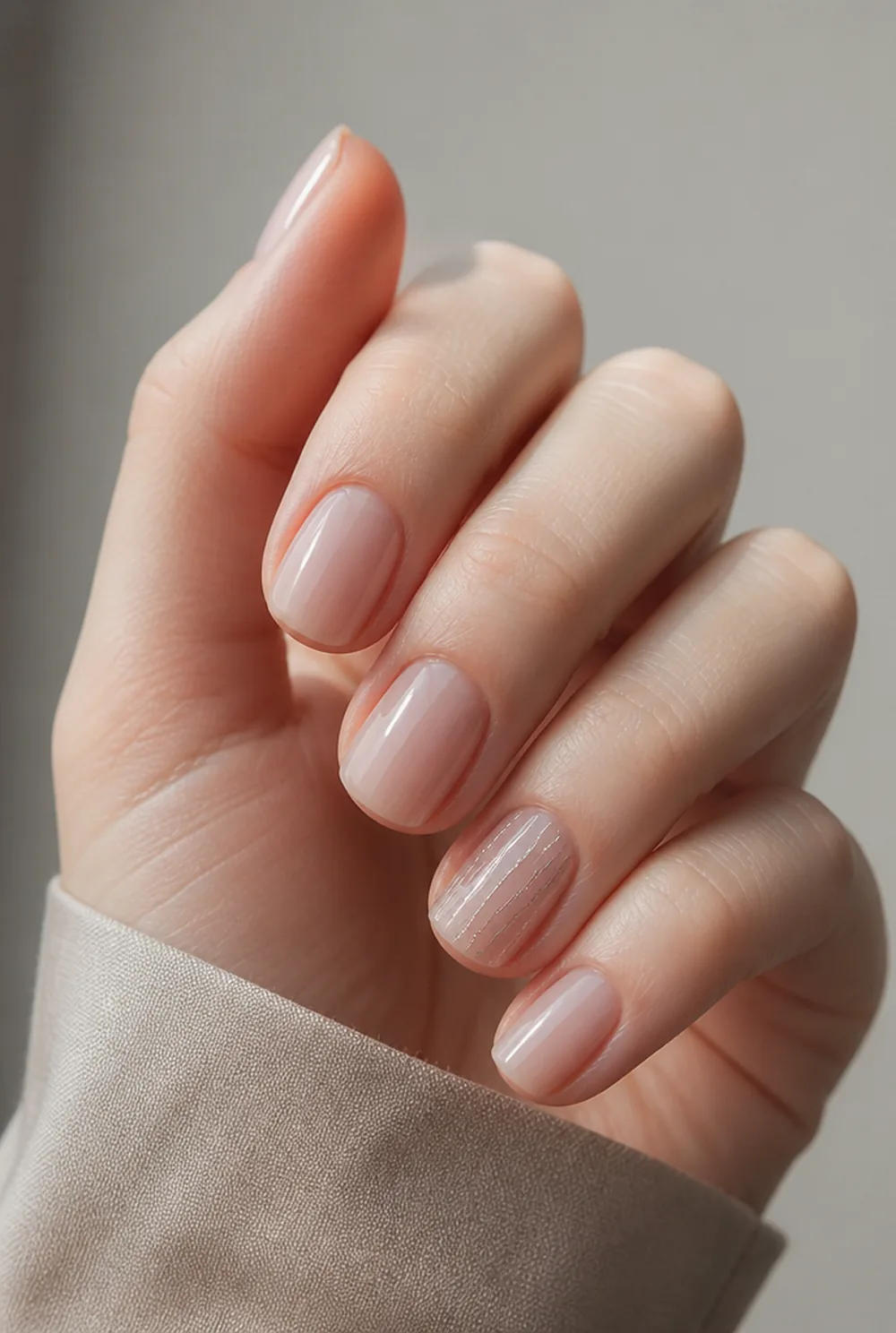 silver tinsel accent nail art on fair skin short length - PolishedAndPrettyNails.com silver tinsel accent nail art on fair skin, short length
