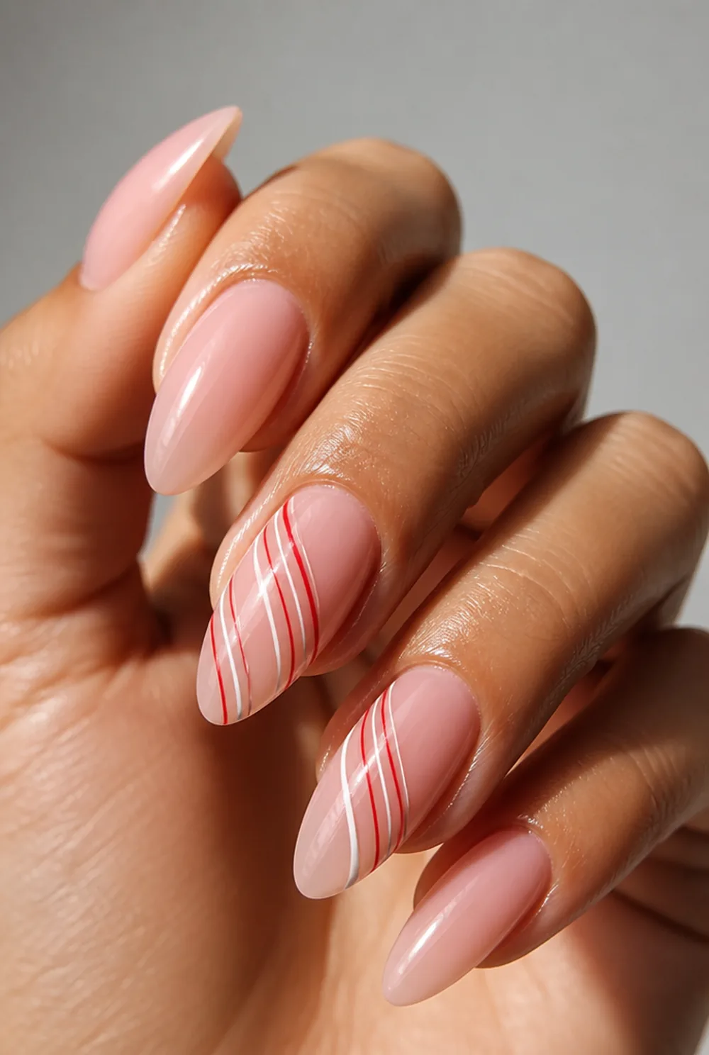 candy cane micro stripes nail art on olive skin long length - PolishedAndPrettyNails.com candy cane micro stripes nail art on olive skin, long length