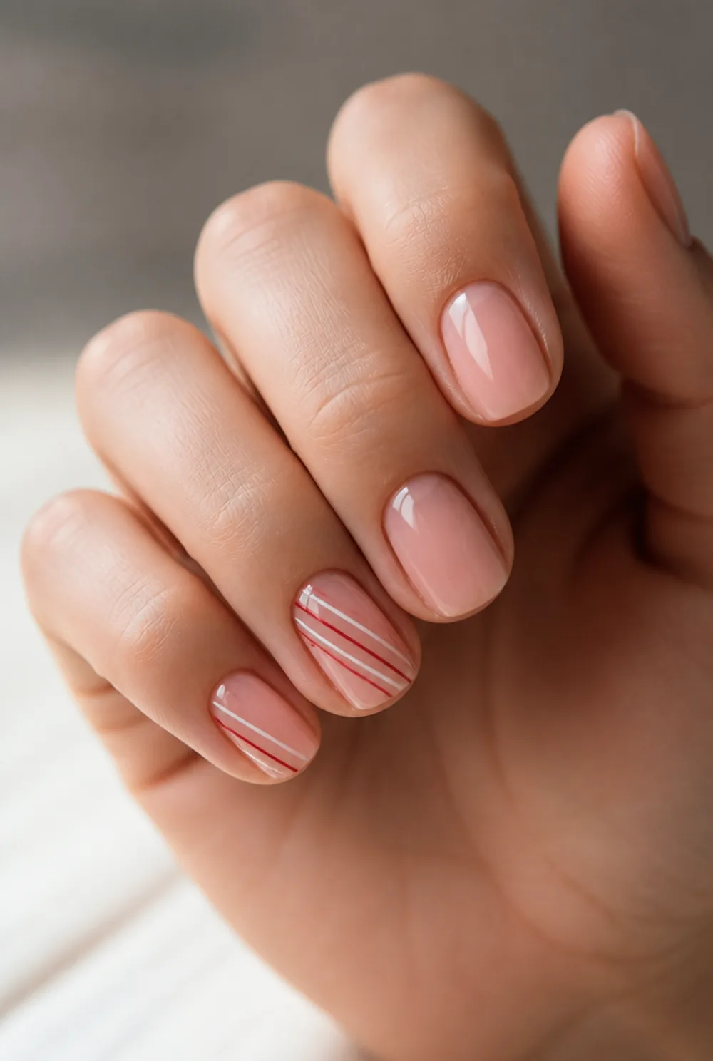 candy cane micro stripes nail art on fair skin short length - PolishedAndPrettyNails.com candy cane micro stripes nail art on fair skin, short length