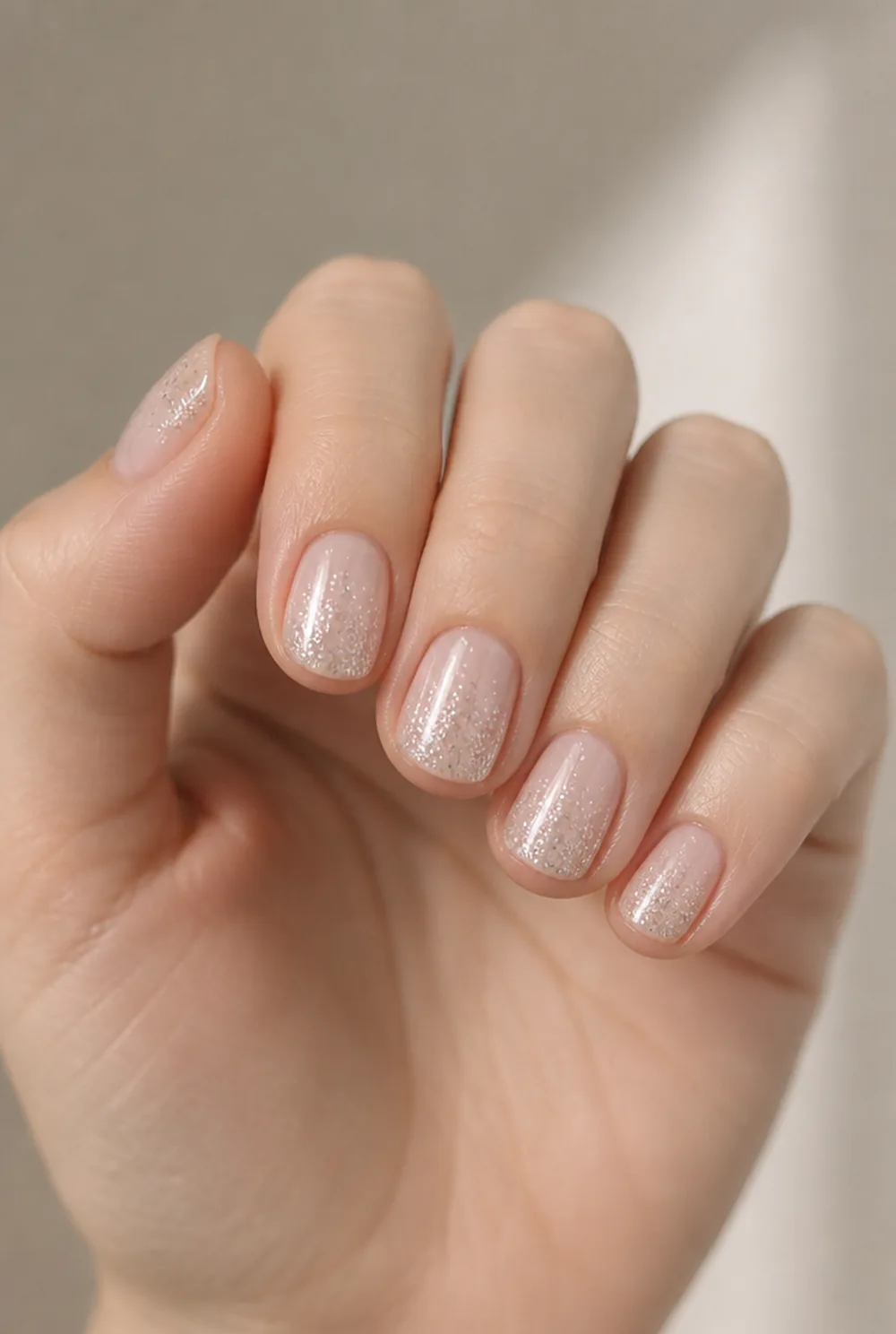 snow-glitter gradient nail art on fair skin short length - PolishedAndPrettyNails.com snow-glitter gradient nail art on fair skin, short length