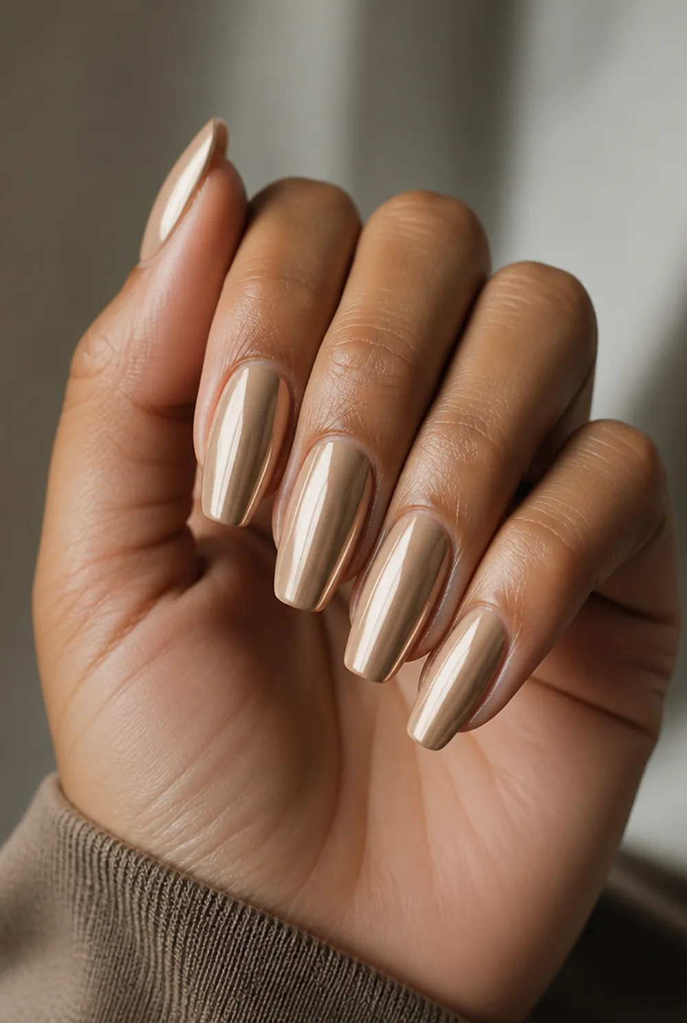 champagne chrome nail art on olive skin long length - PolishedAndPrettyNails.com champagne chrome nail art on olive skin, long length