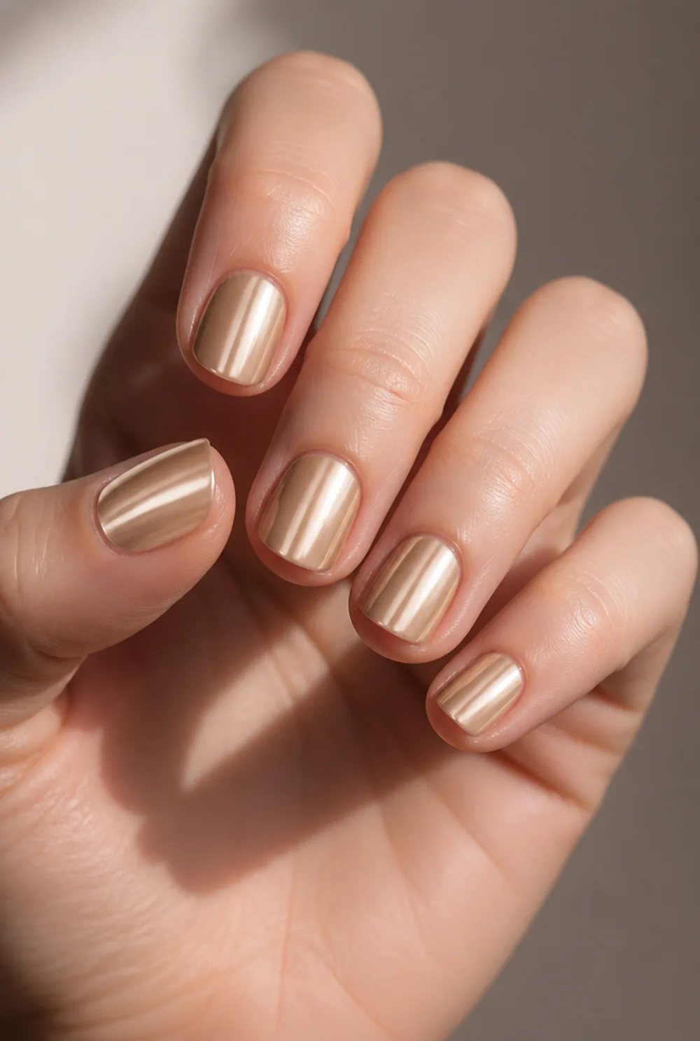 champagne chrome nail art on fair skin short length - PolishedAndPrettyNails.com champagne chrome nail art on fair skin, short length
