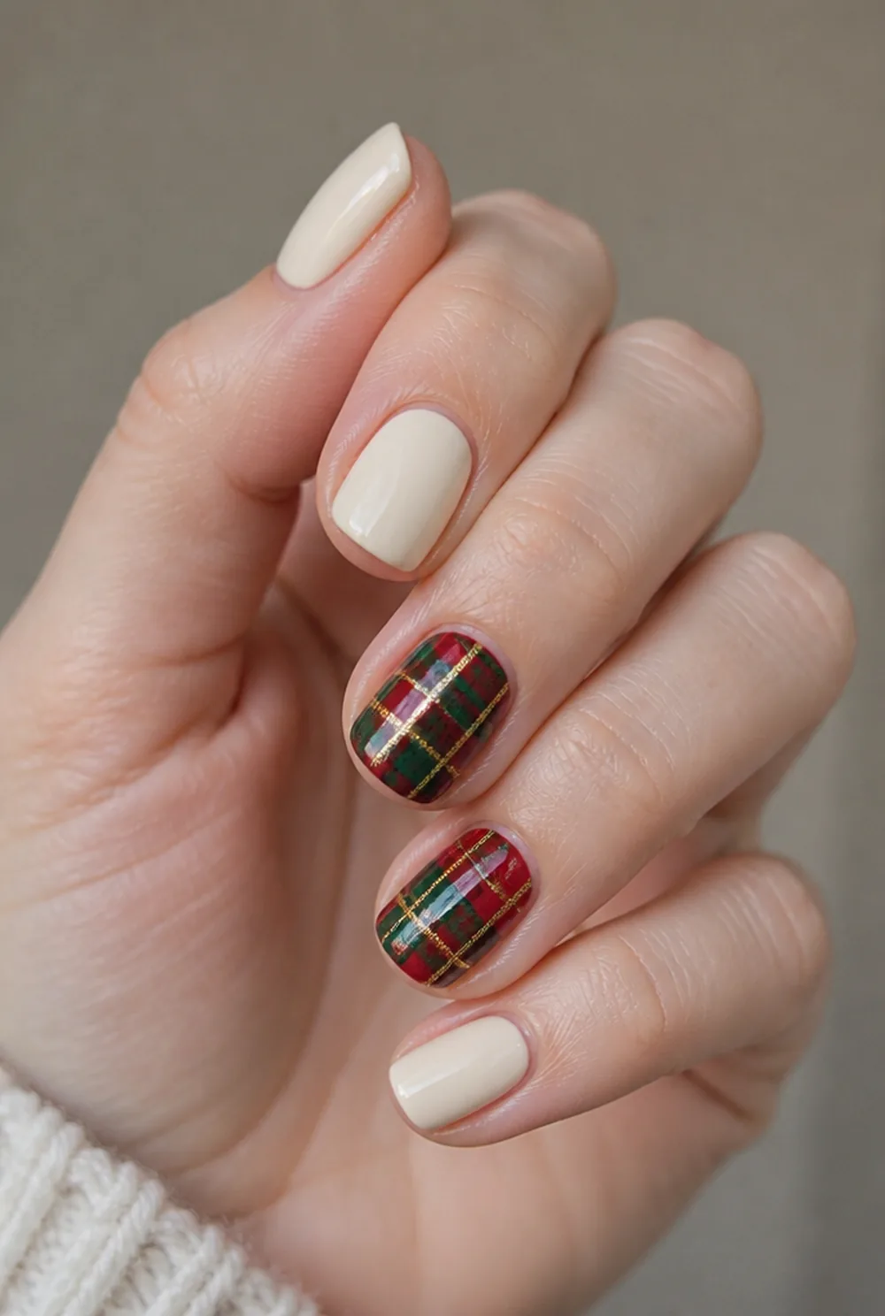 plaid accent nails nail art on fair skin short length - PolishedAndPrettyNails.com plaid accent nails nail art on fair skin, short length
