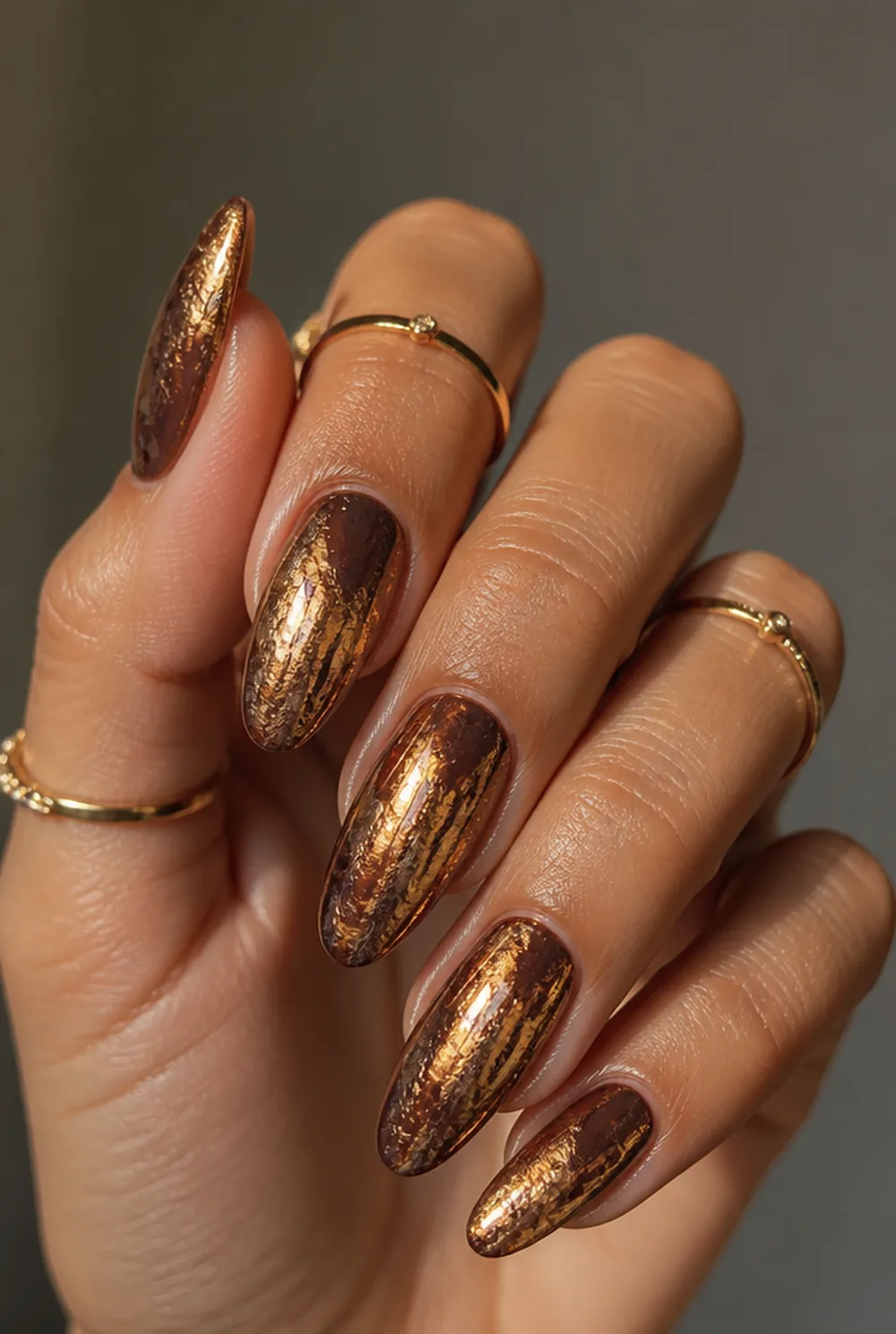 chocolate chrome for fall nail art on olive skin, long length