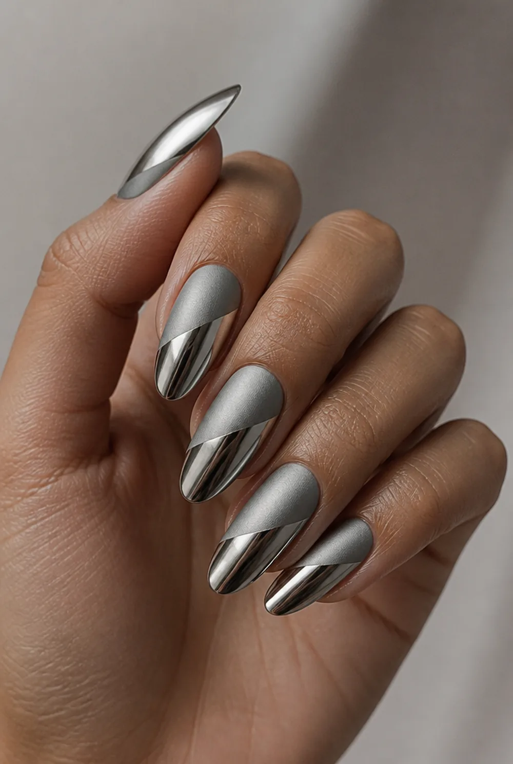 matte-chrome split nail art on olive skin, long length