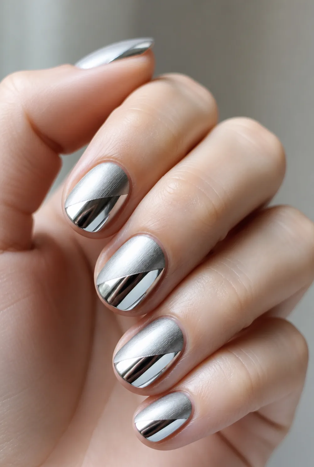matte-chrome split nail art on fair skin, short length