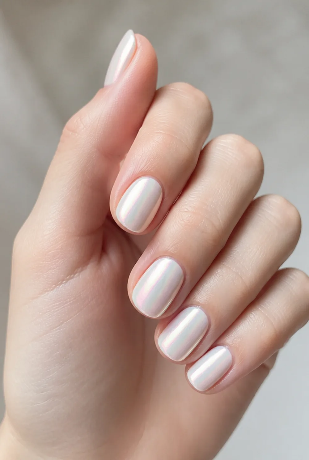 pearl chrome nail art on fair skin, short length