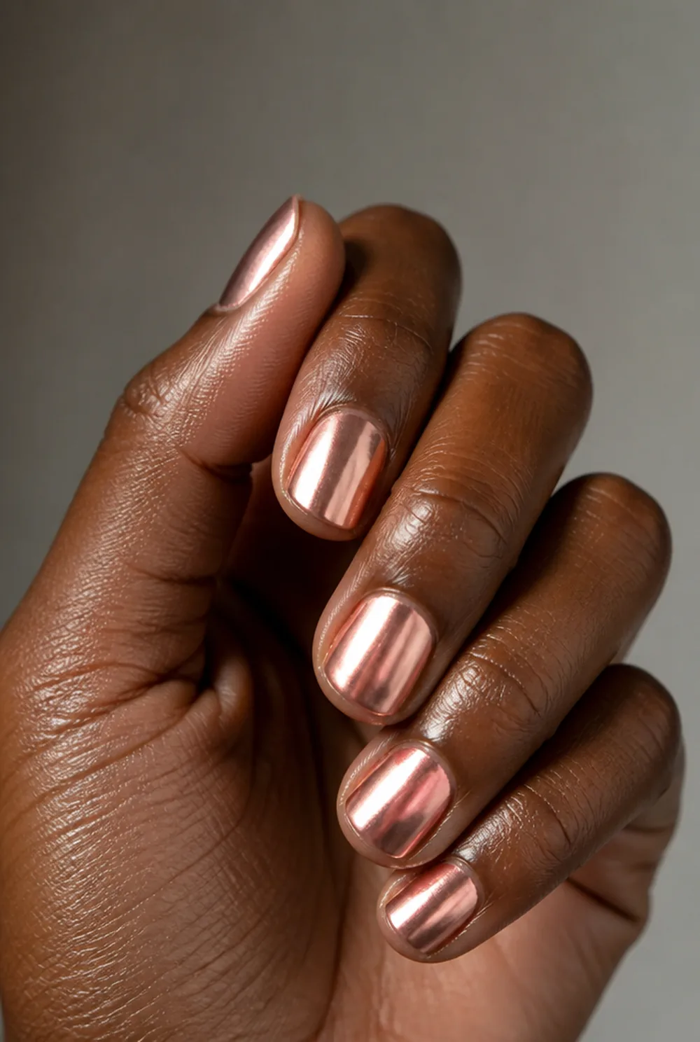 rose gold chrome nail art on deep brown skin