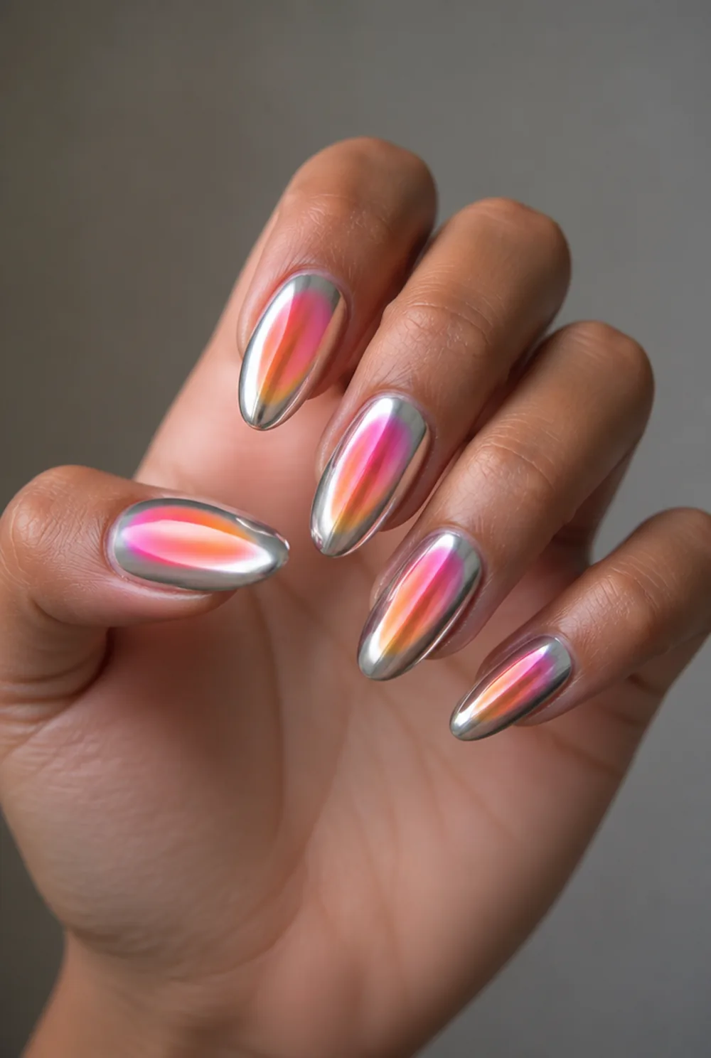 aura chrome nail art on olive skin, long length