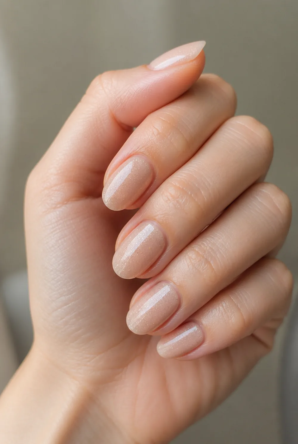 barely-there shimmer nail art on fair skin, short length