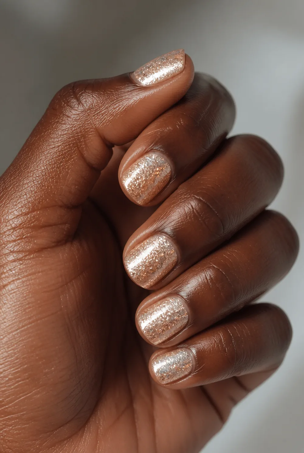 champagne shimmer square nail art on deep brown skin