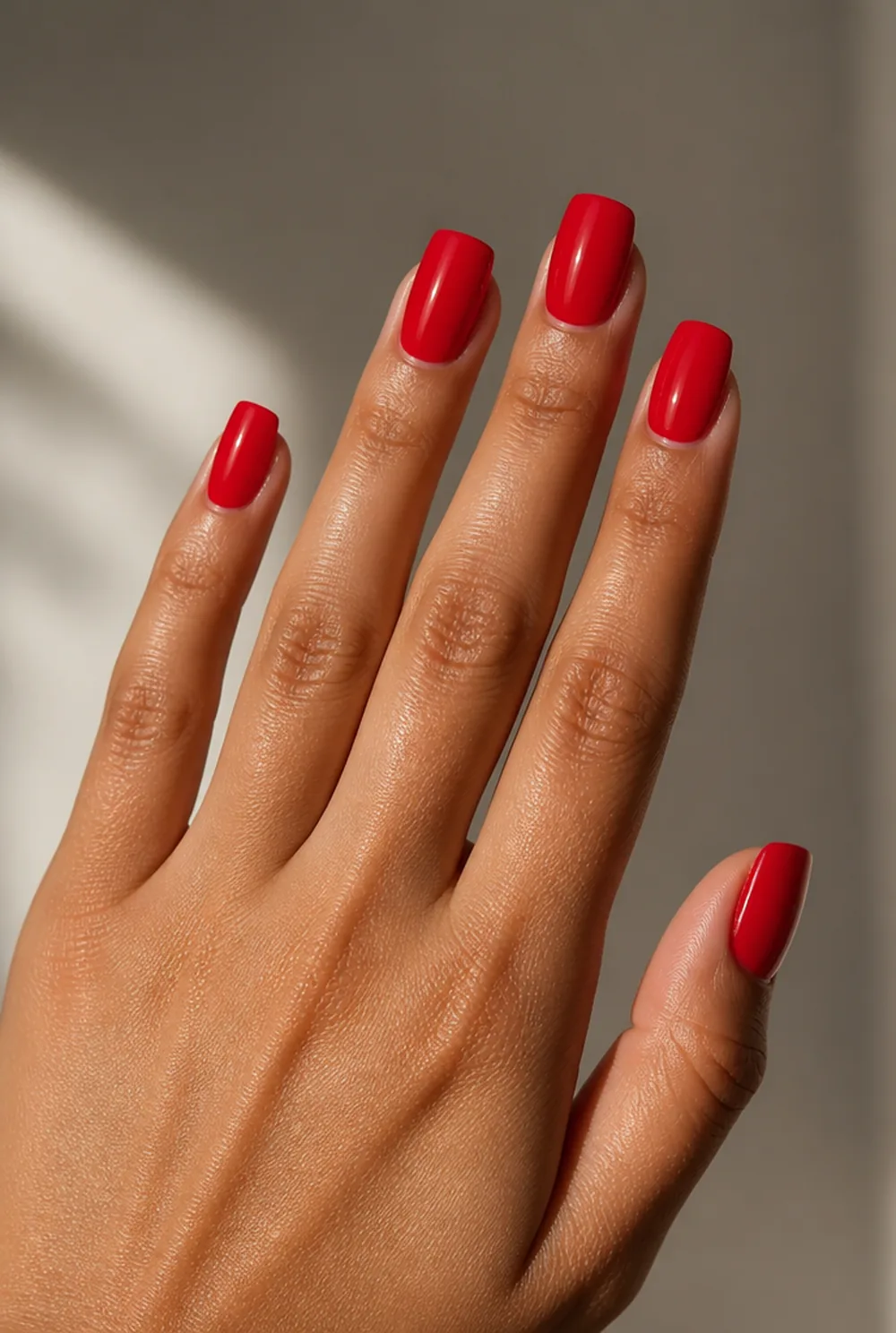 classic red square nail art on olive skin, long length