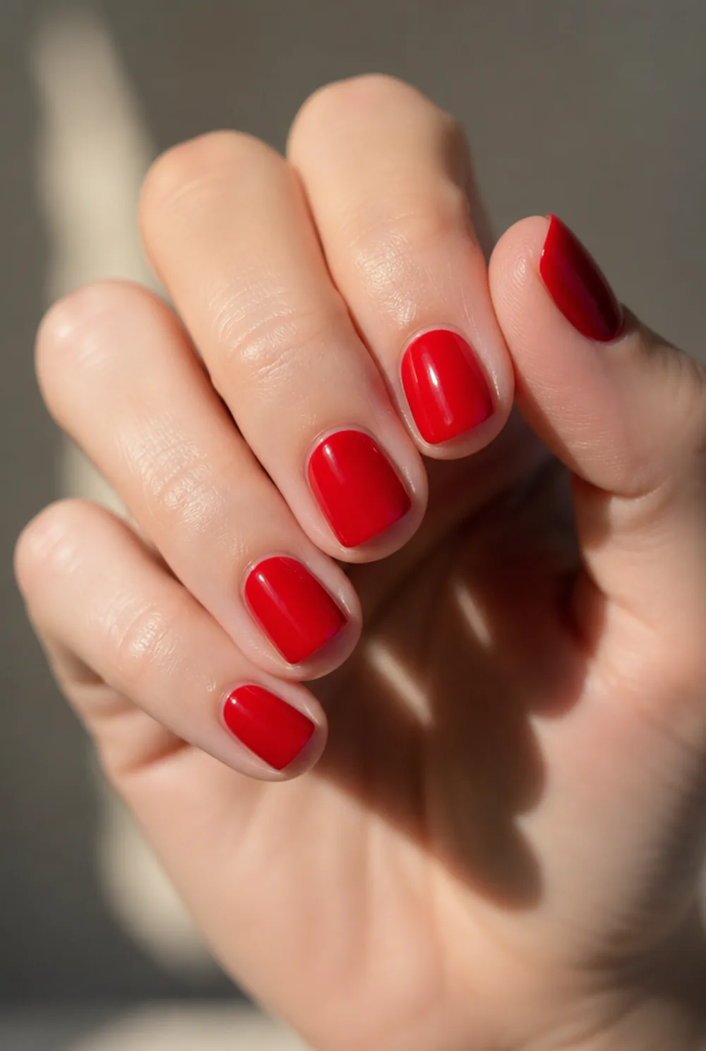 classic red square nail art on fair skin, short length
