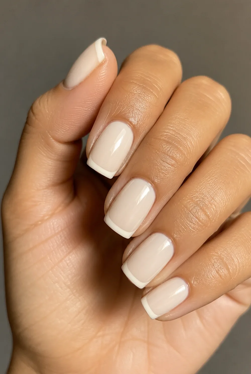 ivory micro french nail art on olive skin, long length