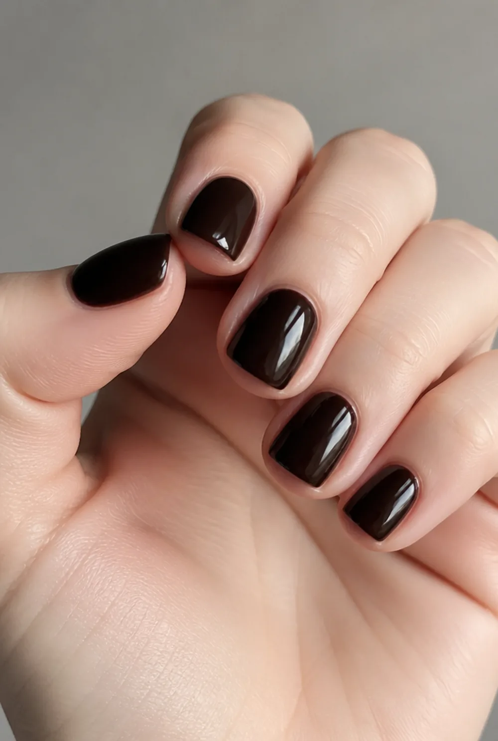 espresso gloss square nail art on fair skin, short length