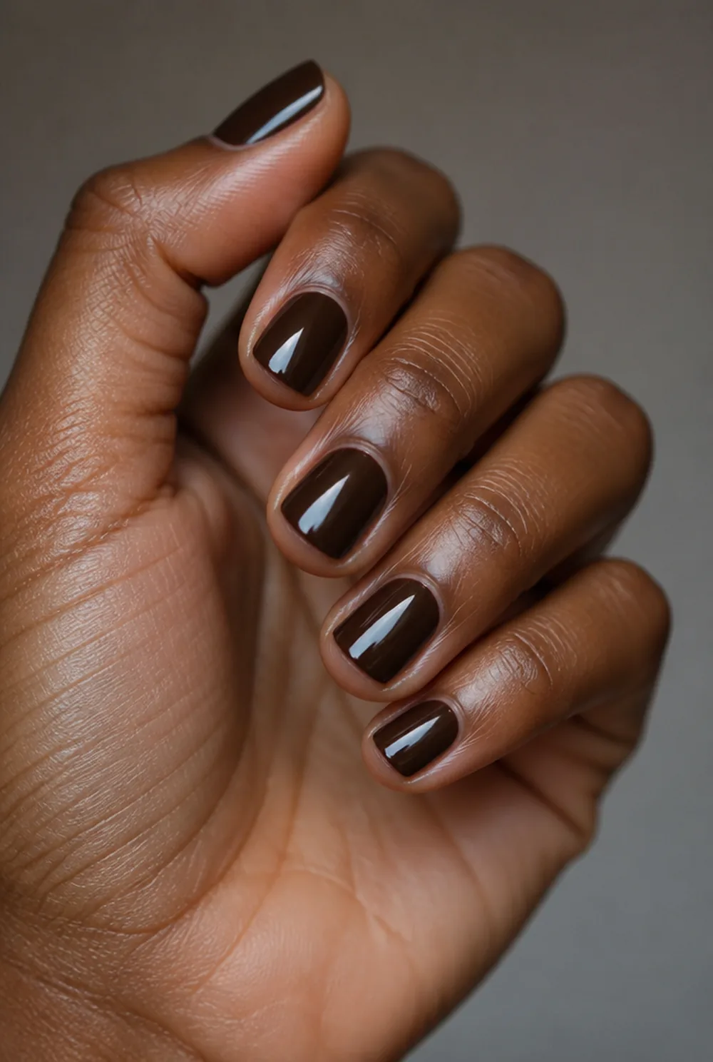 espresso gloss square nail art on deep brown skin