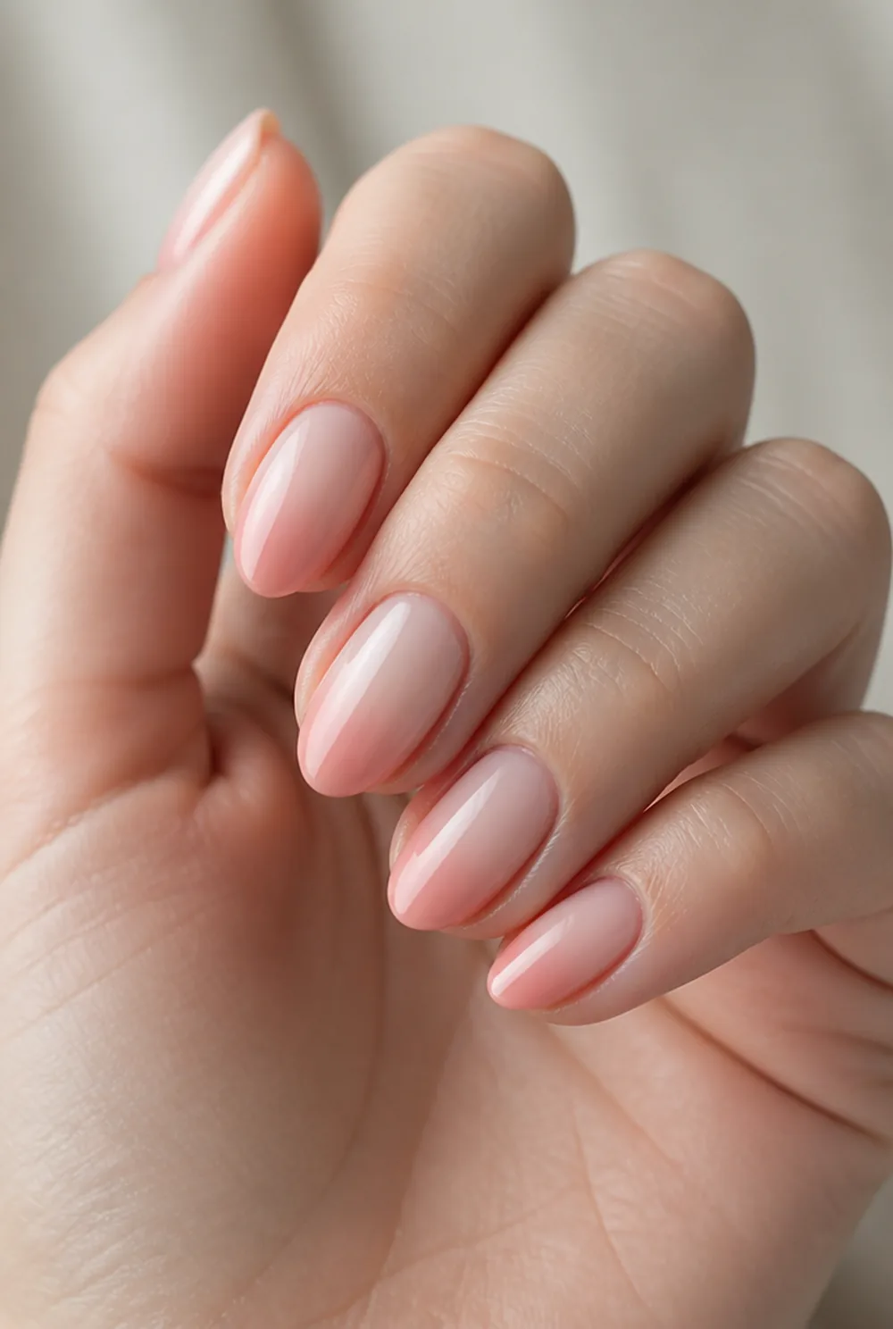 blush ombre nail art on fair skin, short length