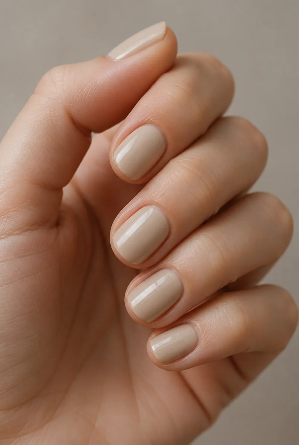 oat milk square nail art on fair skin, short length