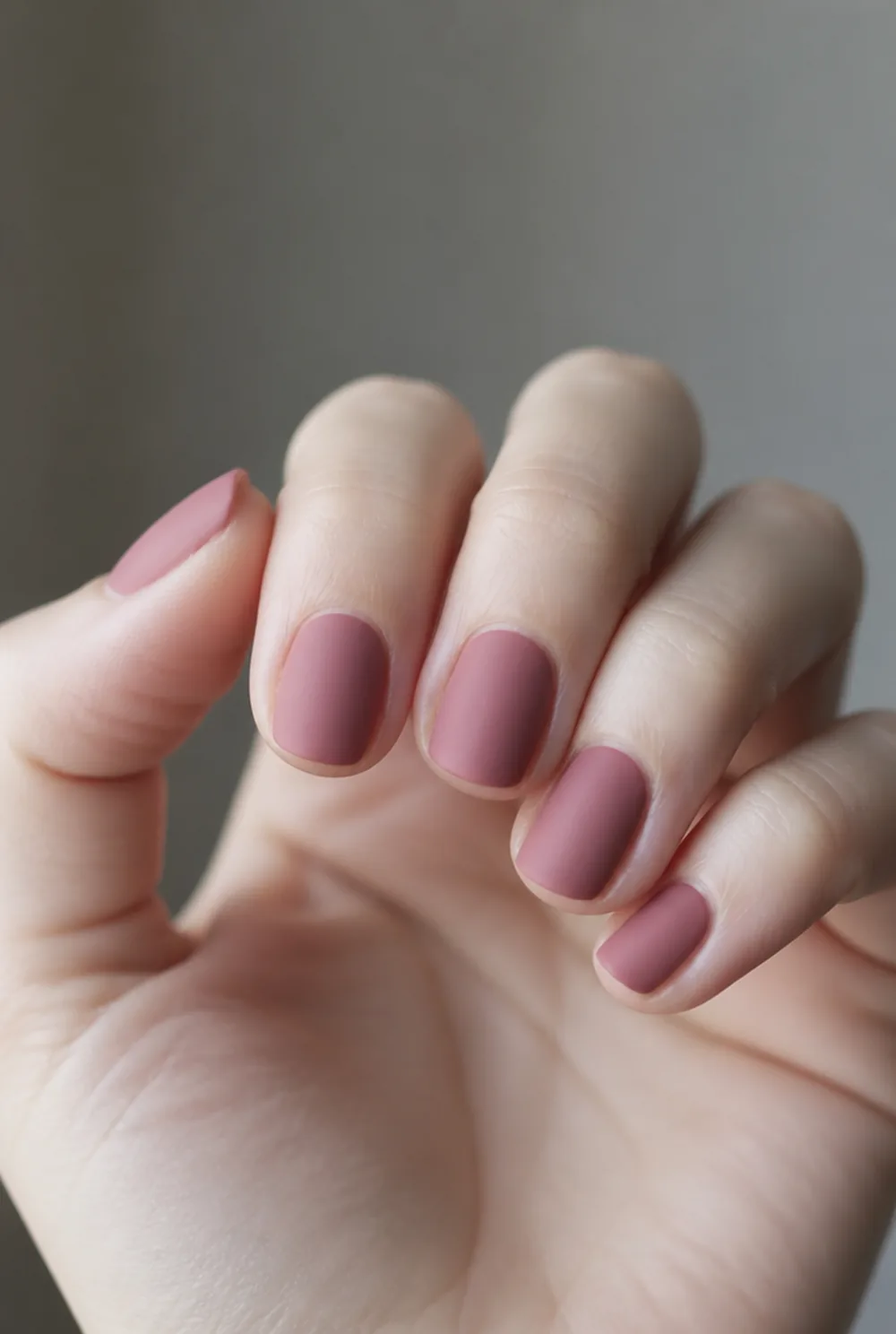 dusty rose squoval nail art on fair skin, short length