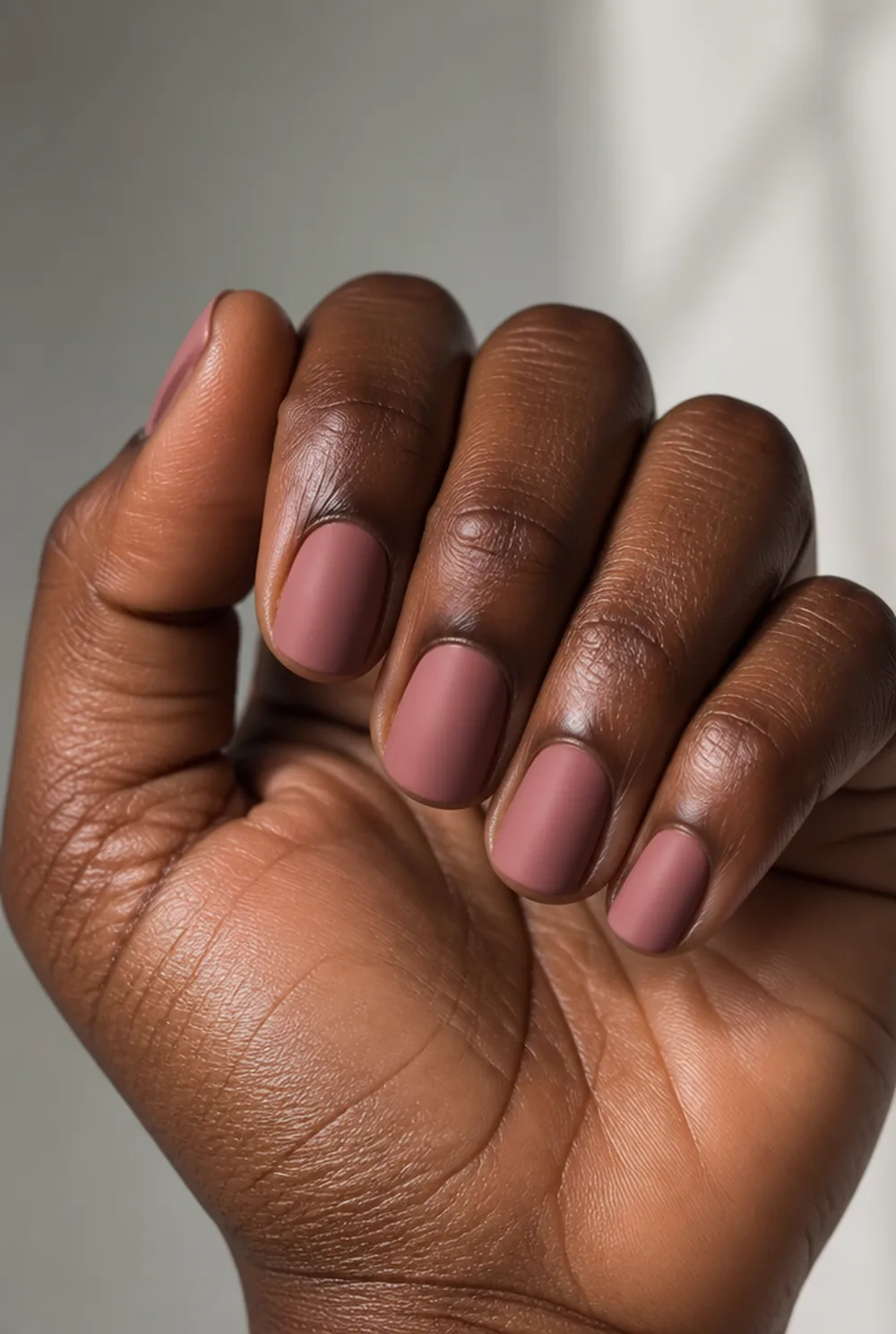dusty rose squoval nail art on deep brown skin