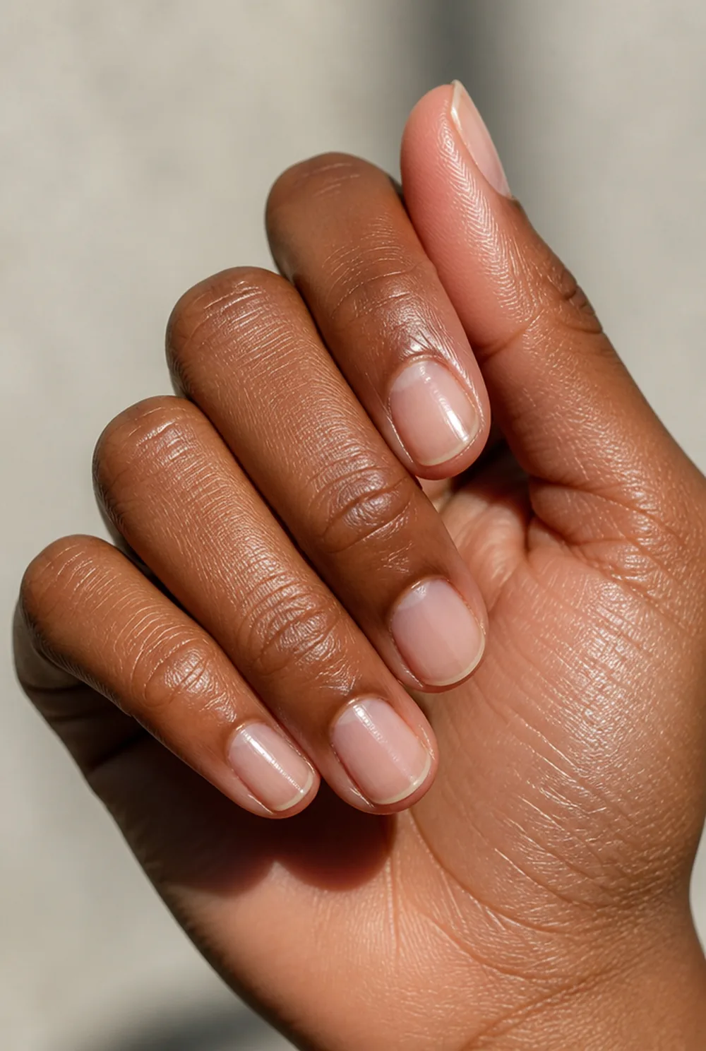 the glazed bare nail nail art on deep brown skin