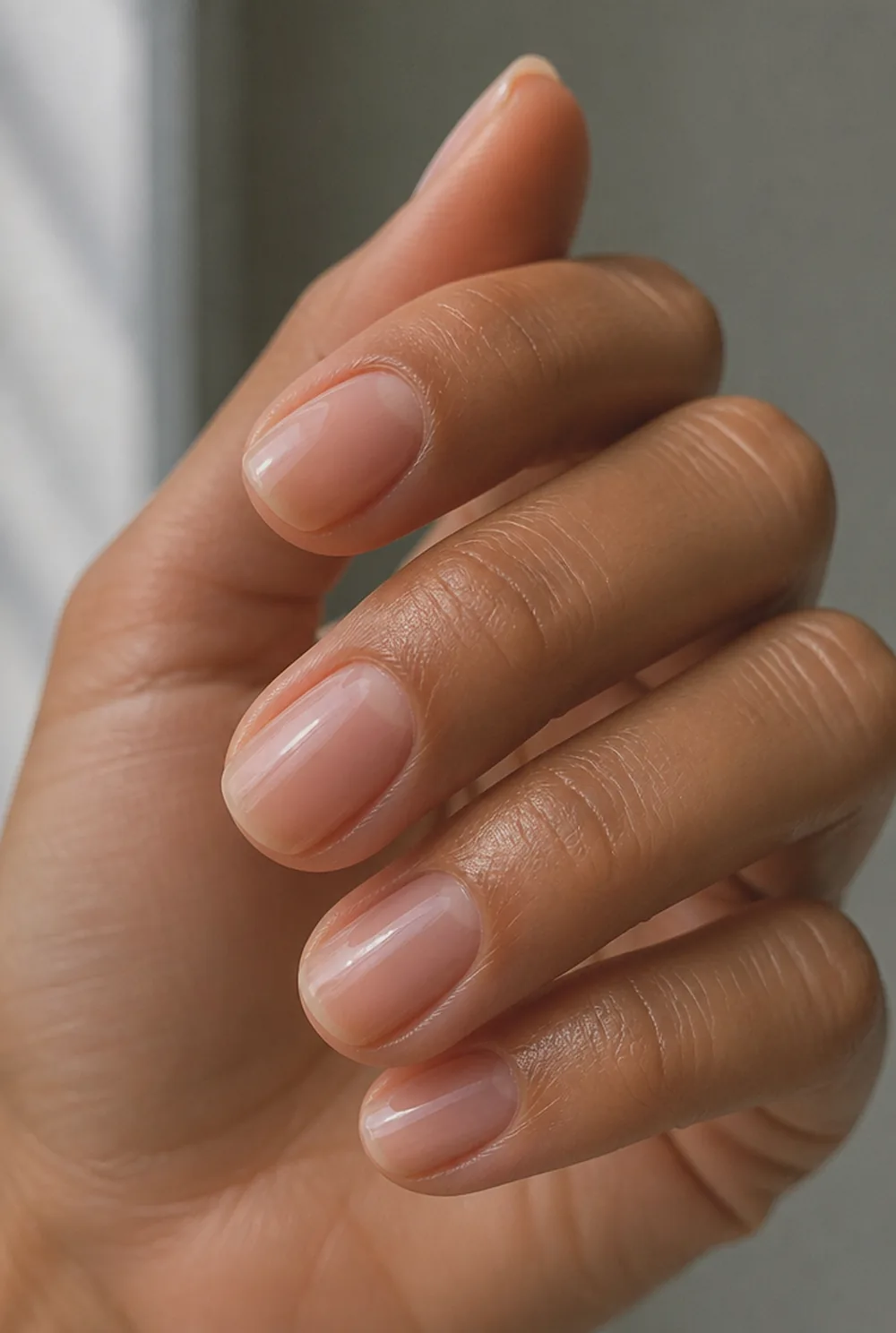 the glazed bare nail nail art on olive skin, long length
