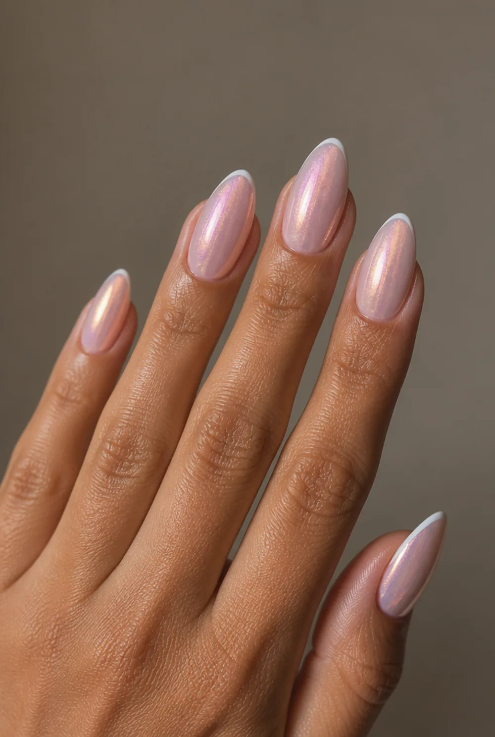 pearl-finish micro french nail art on olive skin, long length