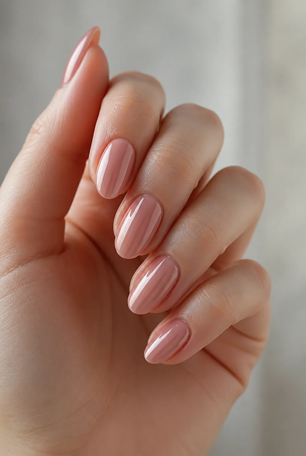 sheer rose glaze nail art on fair skin, short length