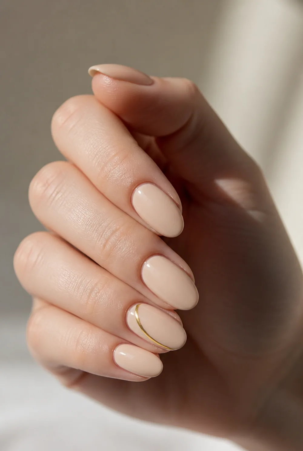one-line gold art nail art on fair skin, short length