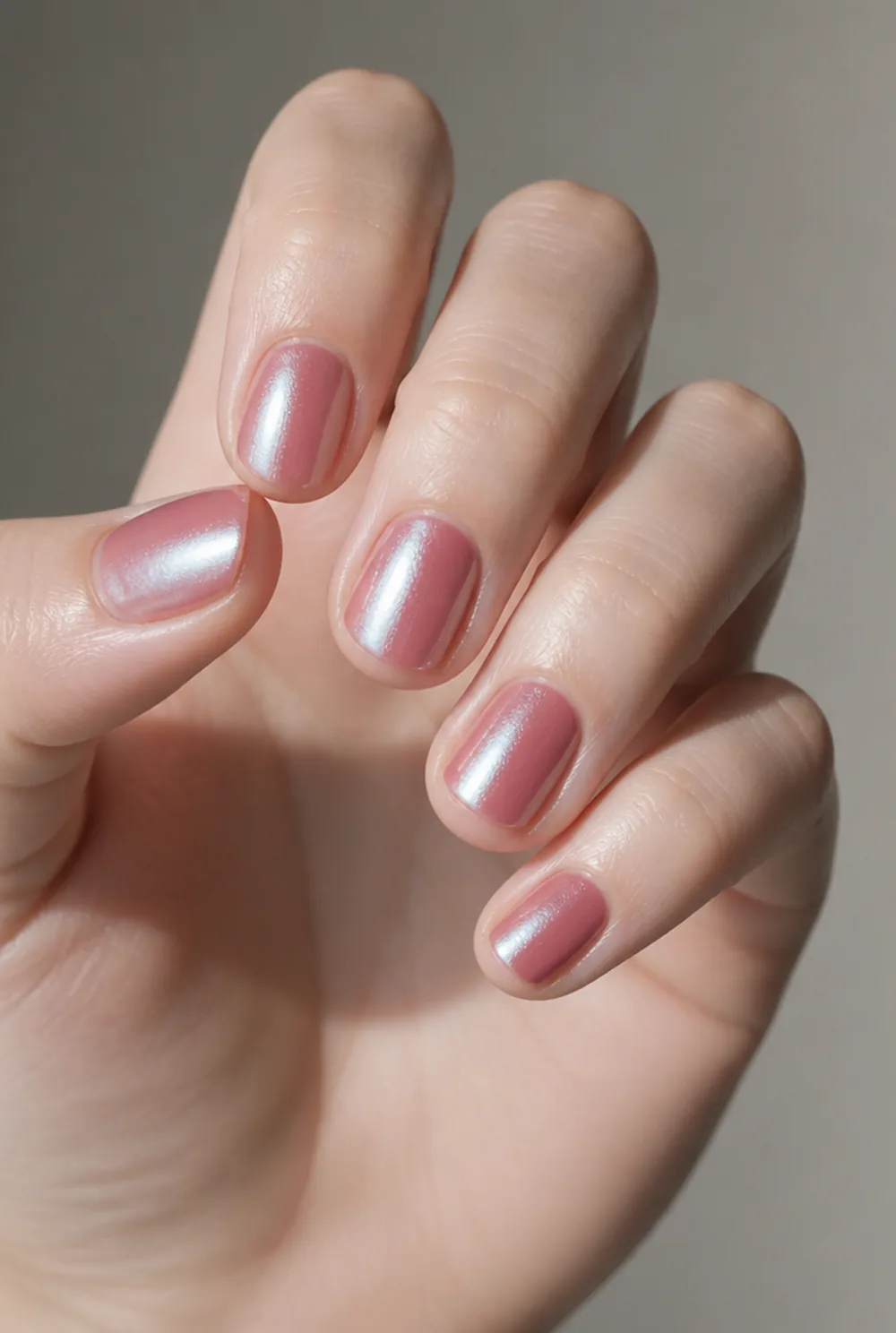 strawberry glazed nail art on fair skin, short length