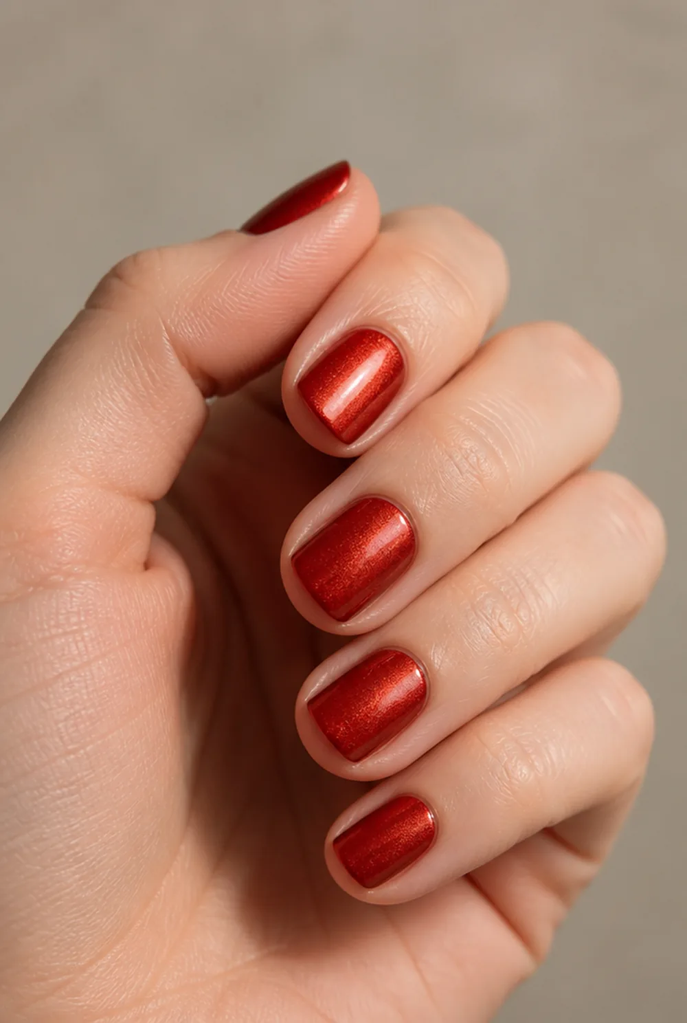 ruby shimmer nail art on fair skin, short length